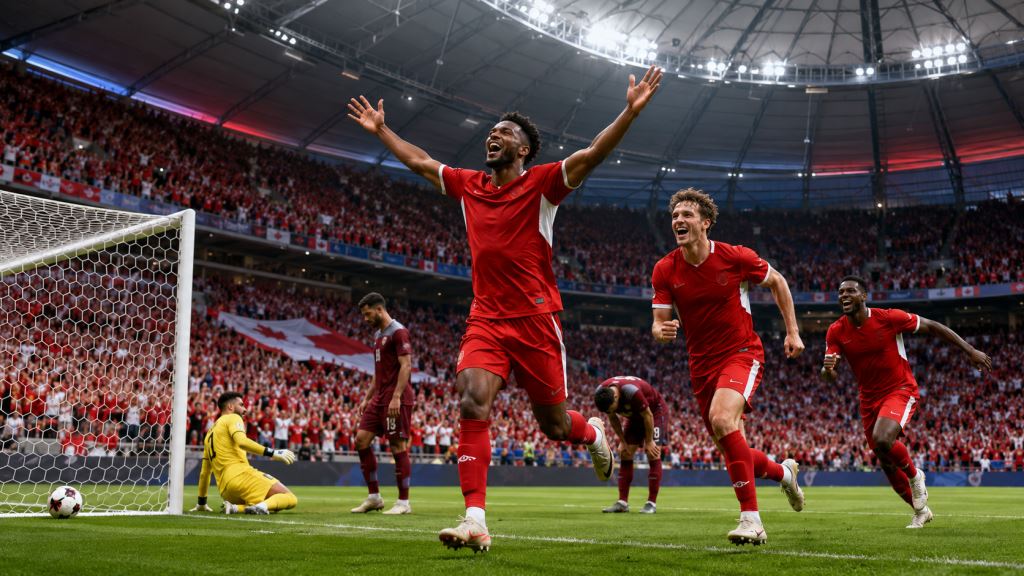 AI illustration: Canada vs Qatar 6-0 at World Cup 2026, historic Vancouver win and Jonathan David hat-trick in Group B