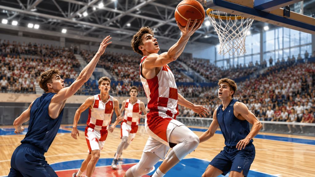 ilustración con IA: Croacia U18 abre el EuroBasket en Rijeka con una contundente victoria 107-60 ante Noruega en el Grupo A