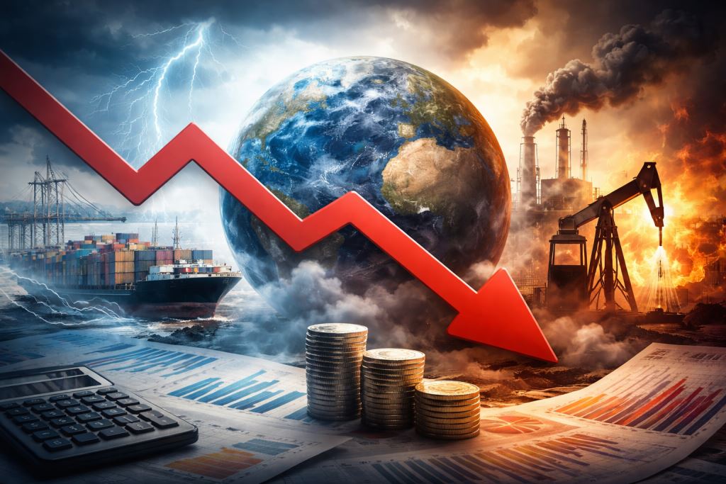 ilustración con IA: El crecimiento global en 2026 bajo una presión creciente: las guerras, la energía y las tensiones comerciales intensifican los riesgos