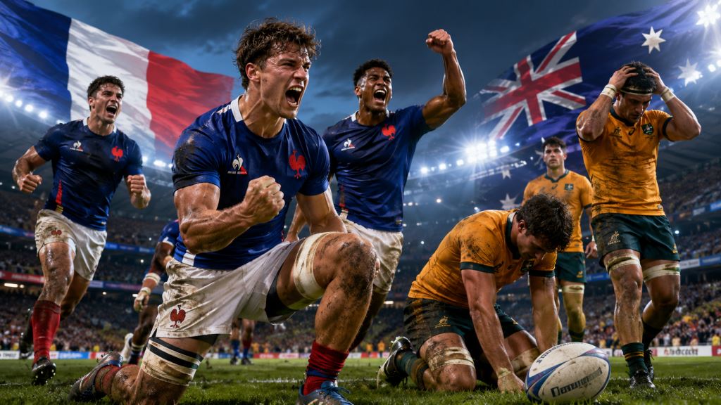 KI-Illustration: Frankreich U20 nach 34:29 gegen Australien ungeschlagen im WM-Halbfinale gegen Neuseeland in Georgien