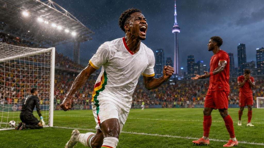 AI ilustracija: Gana protiv Paname 1:0 na Svjetskom prvenstvu 2026., kasni pogodak za pobjedu u Torontu i prednost u skupini L