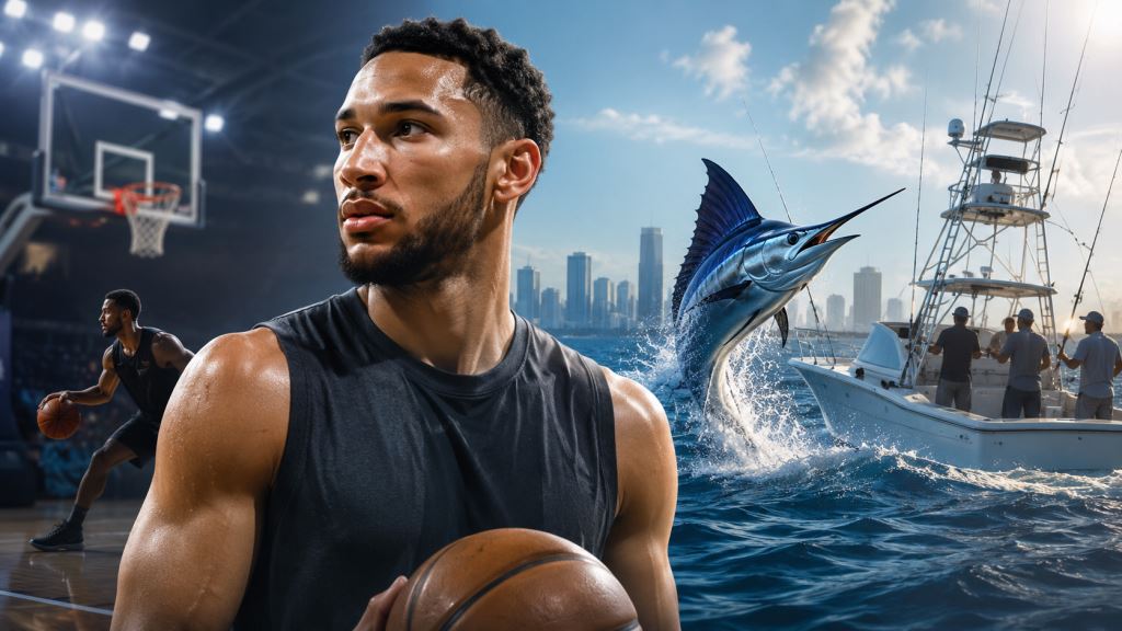 AI illustration: Ben Simmons between cautious NBA comeback plans and South Florida Sails' Walker's Cay Open triumph in 2026