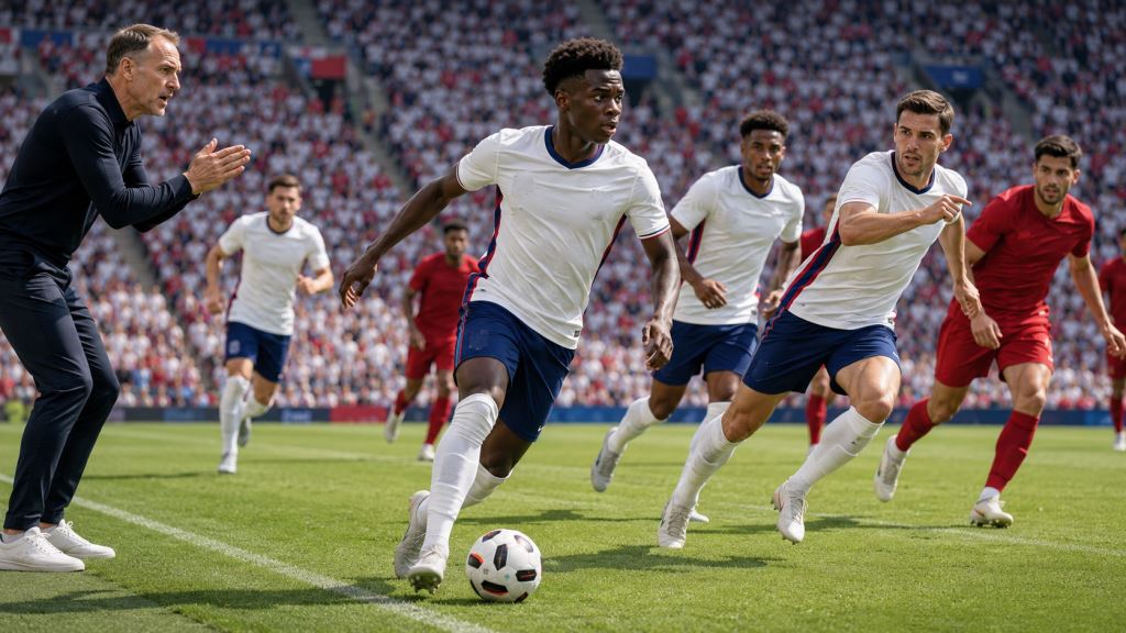 ilustración con IA: Bukayo Saka apunta a titular con Inglaterra, Thomas Tuchel pide respuesta colectiva ante Panamá en el Mundial