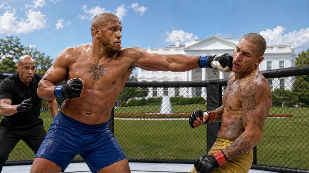 ilustración con IA: Ciryl Gane noquea a Alex Pereira y gana el título interino pesado de UFC en histórica pelea de Washington