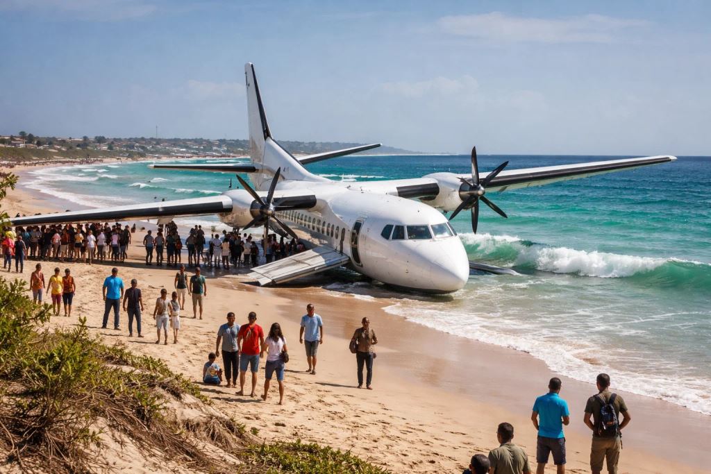 Aterrizaje de emergencia en Mogadiscio: el Fokker 50 de StarSky Aviation se salió de la pista y terminó en la playa, sin heridos