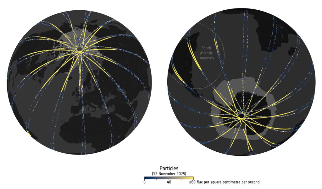 |{Swarm records rare surge of high-energy protons during powerful solar storm in November 2025