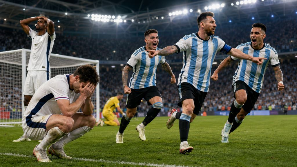 ilustracja AI: Argentyna odwraca półfinał z Anglią: dwie asysty Messiego prowadzą mistrzów do wielkiego finału z Hiszpanią
