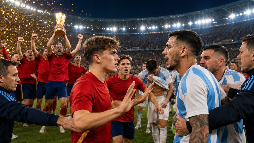 KI-Illustration: Gavi verteidigt Paredes nach dem Tumult im WM-Finale und hält eine nachträgliche Sperre für nicht logisch