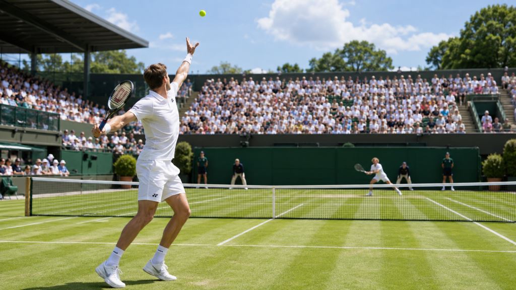 ilustración con IA: Hubert Hurkacz domina a Andrey Rublev con el saque en ATP Halle y avanza en Terra Wortmann Open 2026