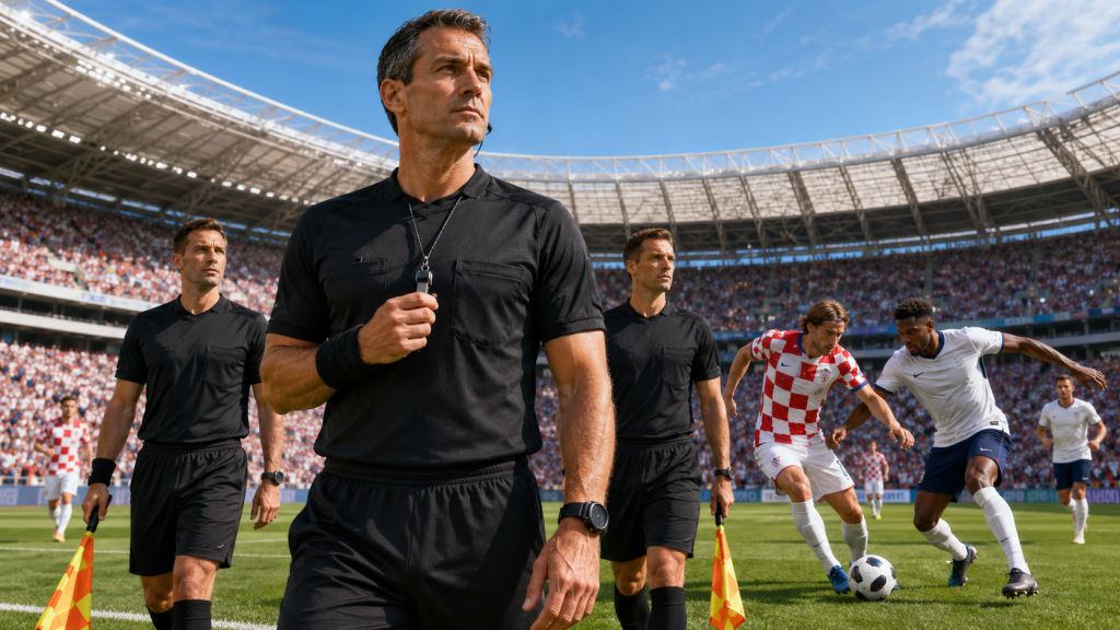 AI illustration: Clément Turpin to referee Croatia - England match in Dallas in World Cup 2026 Group L opener