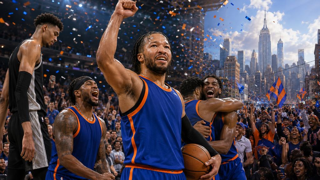 KI-Illustration: New York Knicks gewinnen NBA-Titel nach 53 Jahren, Jalen Brunson wird Finals-MVP gegen Spurs