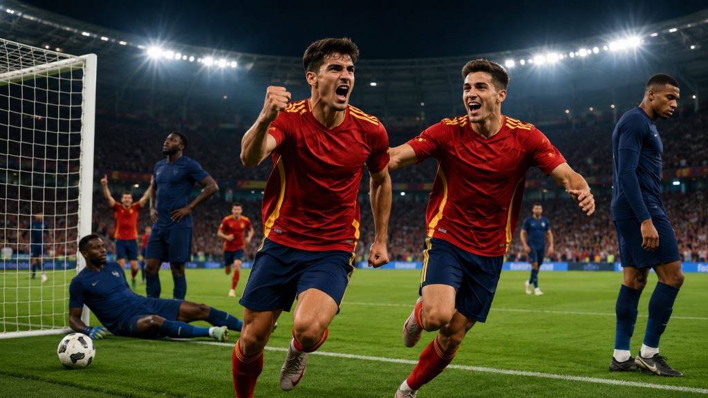 ilustracja AI: Hiszpania awansowała do finału mundialu po zwycięstwie 2:0 z Francją, gole strzelili Oyarzabal i Porro