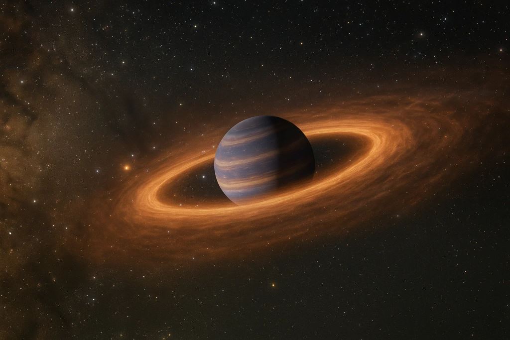 AI illustration: Webb discovers a carbon-rich circumplanetary disc around CT Cha b and provides insight into the birth of a moon in a distant system