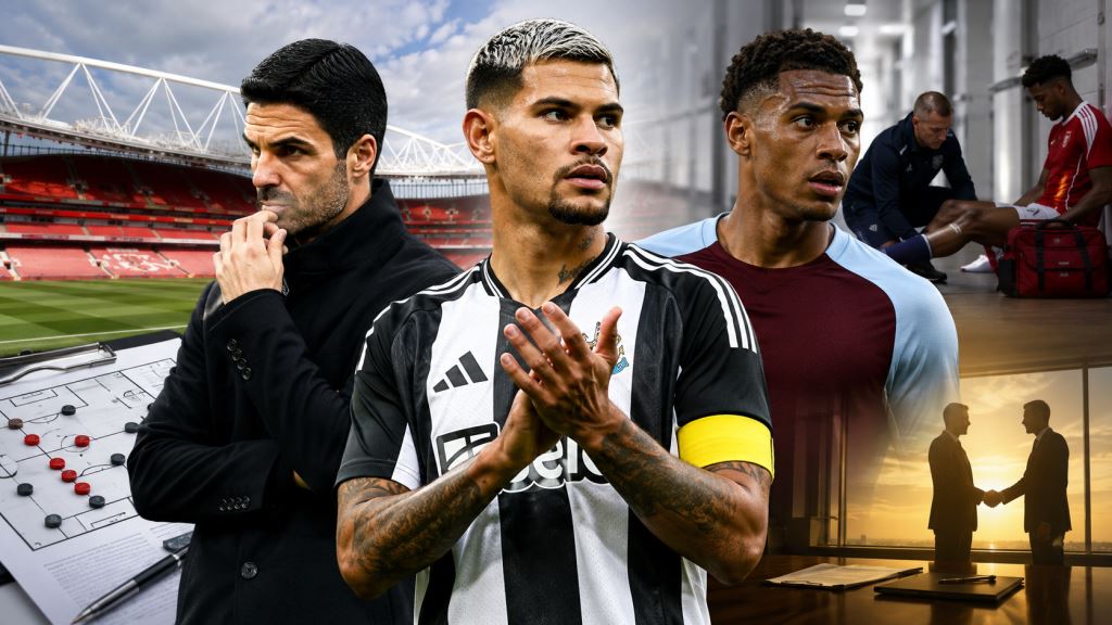 KI-Illustration: Arsenal plant 70-Millionen-Pfund-Angebot für Guimarães und prüft Villa-Verteidiger Konsa nach Salibas Verletzung