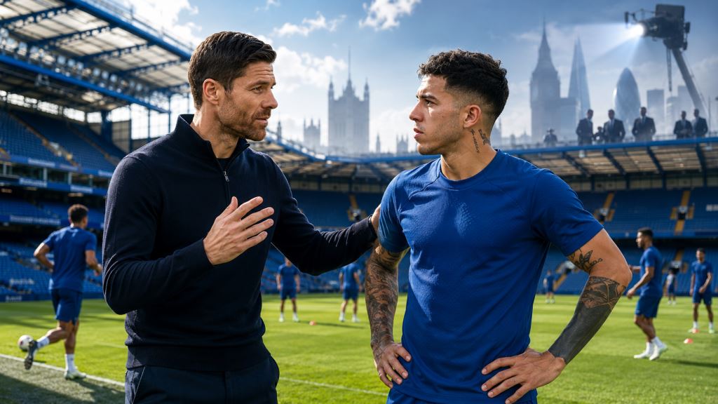 AI illustration: Chelsea under Xabi Alonso: keeping Enzo Fernández a priority despite Real Madrid and PSG transfer links