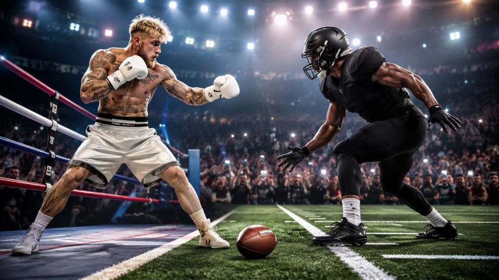 illustration IA: Jake Paul offre un million de dollars aux joueurs NFL pour un duel mêlant boxe et football américain
