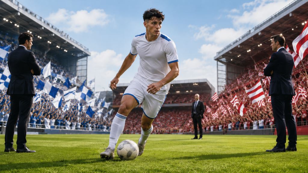 KI-Illustration: Leeds United und Manchester United im Rennen um Shea Charles nach abgelehntem 20-Millionen-Pfund-Angebot