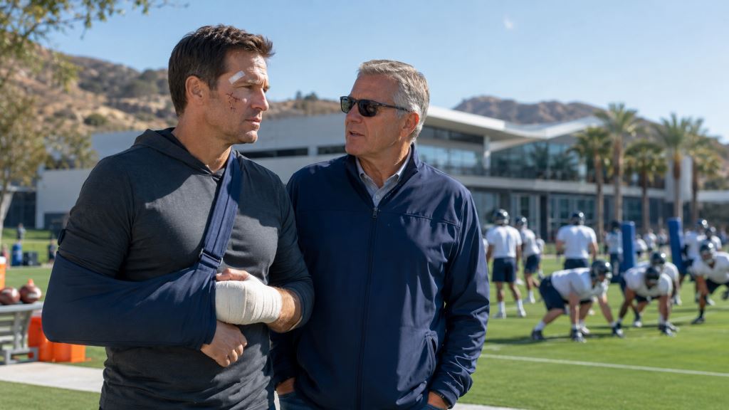 AI illustration: Kyle Shanahan returns to 49ers practice just 12 days after serious car crash, concussion and multiple fractures
