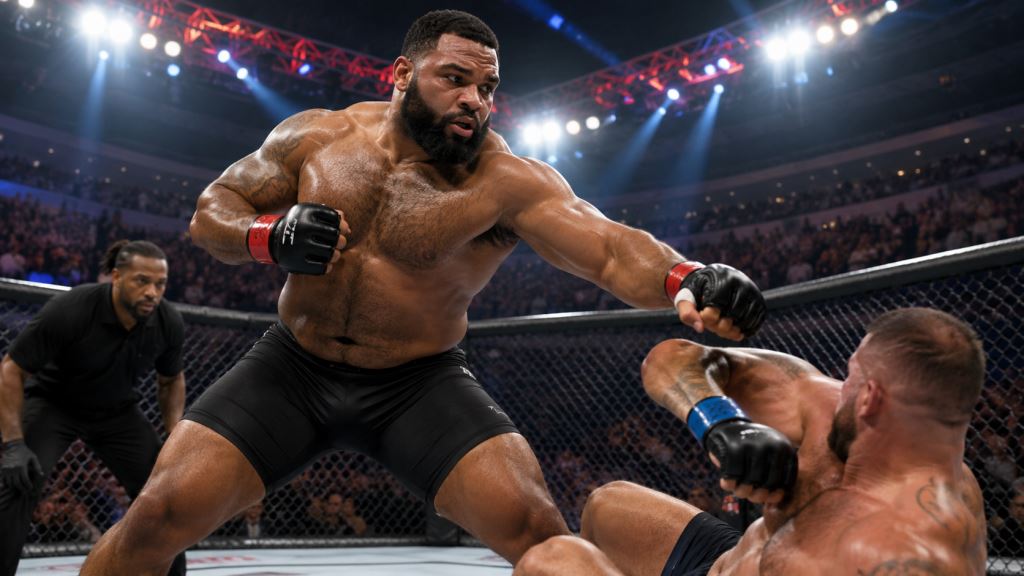 KI-Illustration: Gable Steveson dominiert Ellison beim UFC-Debüt und setzt früh ein klares Zeichen im Schwergewicht von Las Vegas