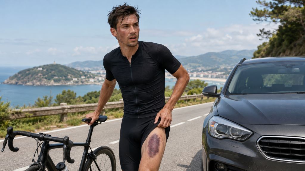 KI-Illustration: Primož Roglič von Auto erfasst, Verletzung stört Vorbereitung auf fünften Rekordsieg bei der Vuelta 2026