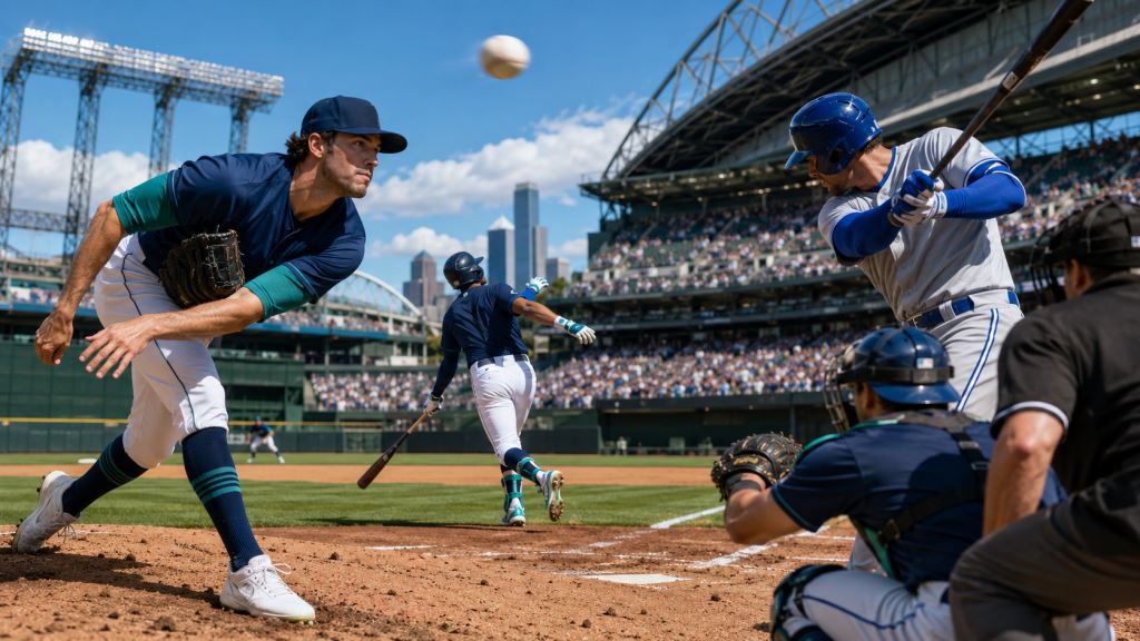 KI-Illustration: Seattle Mariners schlagen Toronto 11:0, Gilbert erlaubt nur einen Hit und die Offensive dominiert klar