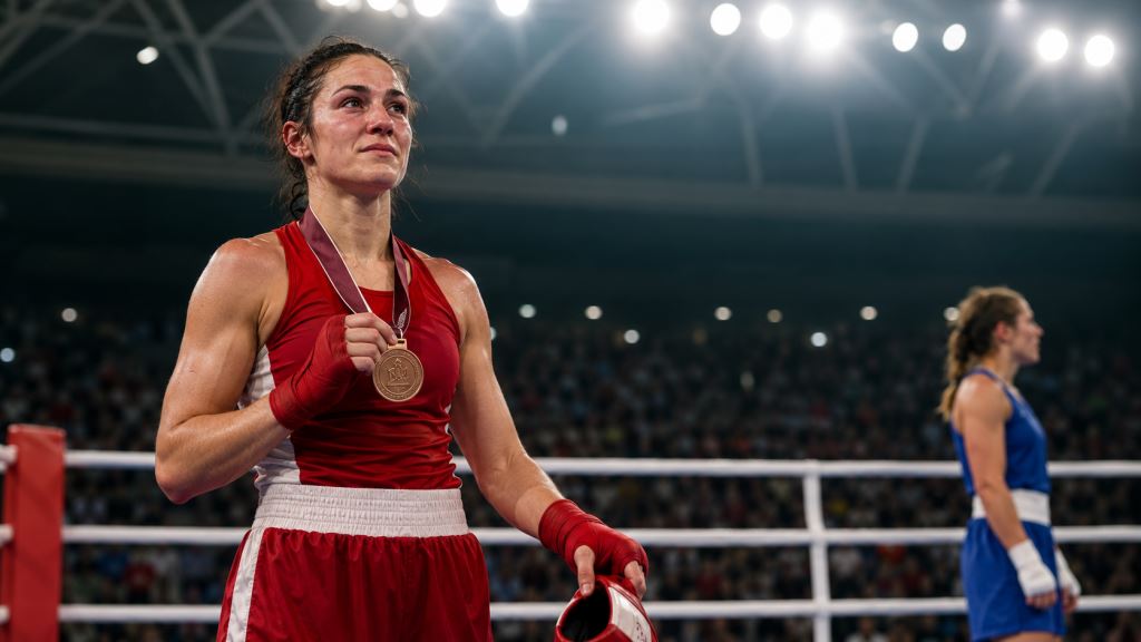 KI-Illustration: Rosie Eccles beendet ihre Karriere mit Bronze in Glasgow und einer deutlichen Botschaft nach ihrem letzten Kampf