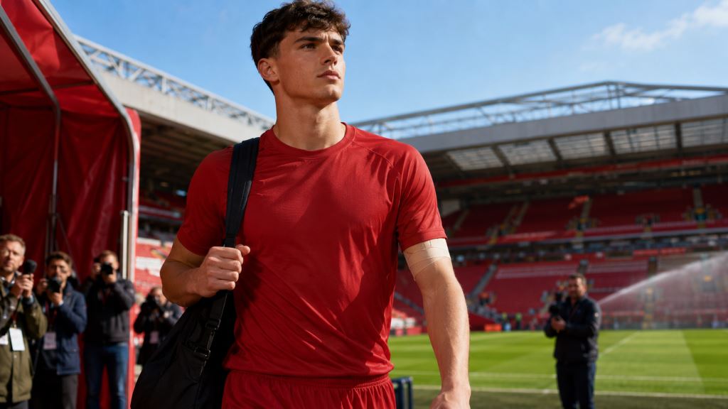 ilustracja AI: Liverpool finalizuje transfer Jérémy'ego Jacqueta, młodego stopera z Rennes do nowej ery na Anfieldzie