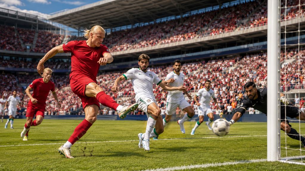 illustration IA: La Norvège domine l’Irak 4-1 au Mondial 2026, doublé de Haaland et fort départ du groupe I à Foxborough