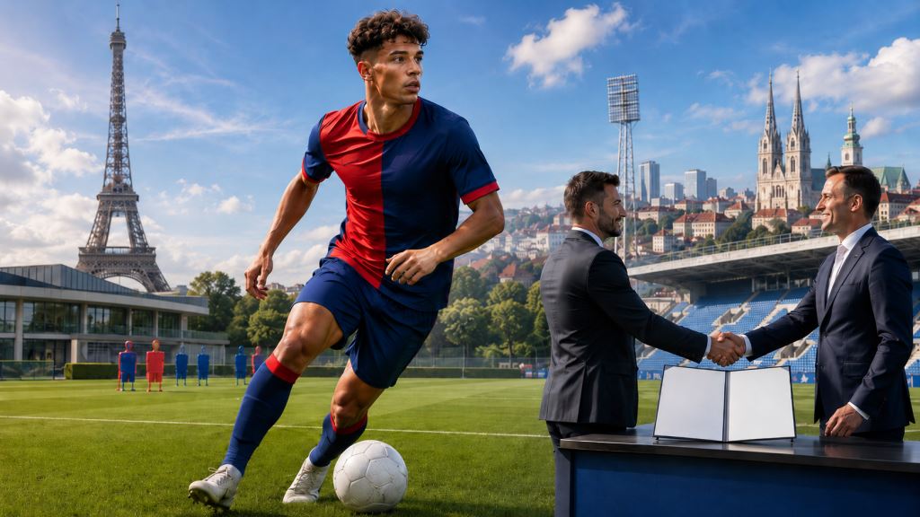 KI-Illustration: Dinamo bietet 700.000 Euro für Noah Nsoki, PSGs junges Offensivtalent wählt Zagreb, Paris prüft den Deal