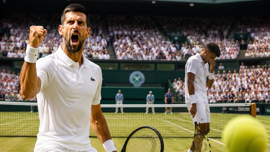 AI illustration: Djokovic survives Wimbledon marathon against Auger-Aliassime and sets up Sinner semifinal clash in London