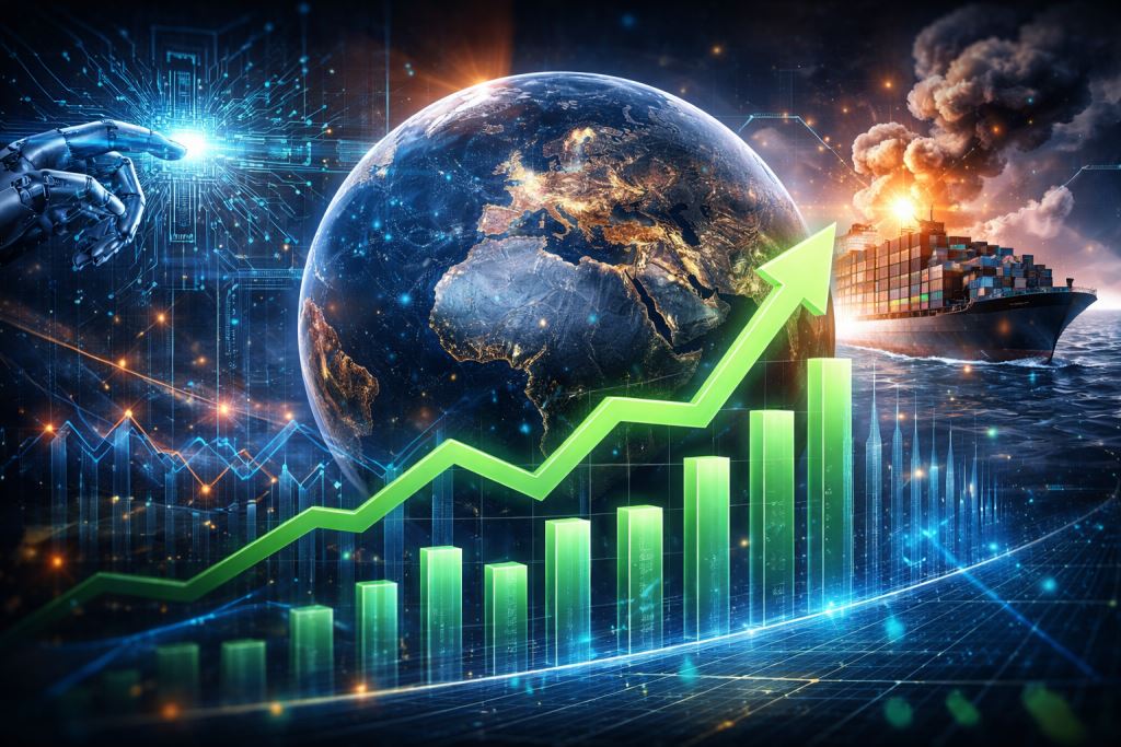 KI-Illustration: Der IWF prognostiziert für 2026 ein stabiles Wachstum der Weltwirtschaft, warnt jedoch vor Handels- und geopolitischen Risiken