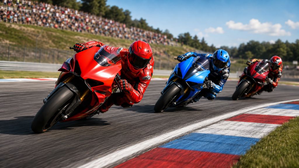 KI-Illustration: Marc Márquez siegt in Brno und öffnet den MotoGP-Titelkampf, Ogura Zweiter, Bagnaia Dritter auf dem Podium