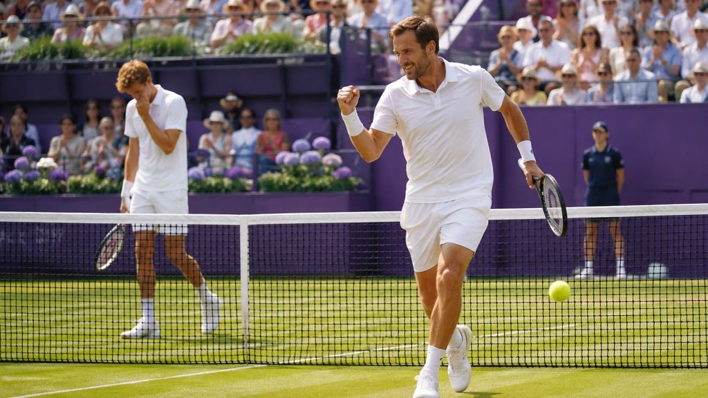 ilustración con IA: Mannarino remonta ante Mensik en Queen’s tras un estreno ATP en Londres resuelto en dos tie-breaks de hierba