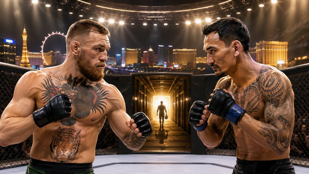 AI illustration: Conor McGregor and Max Holloway in major UFC 329 rematch before decision on new contract