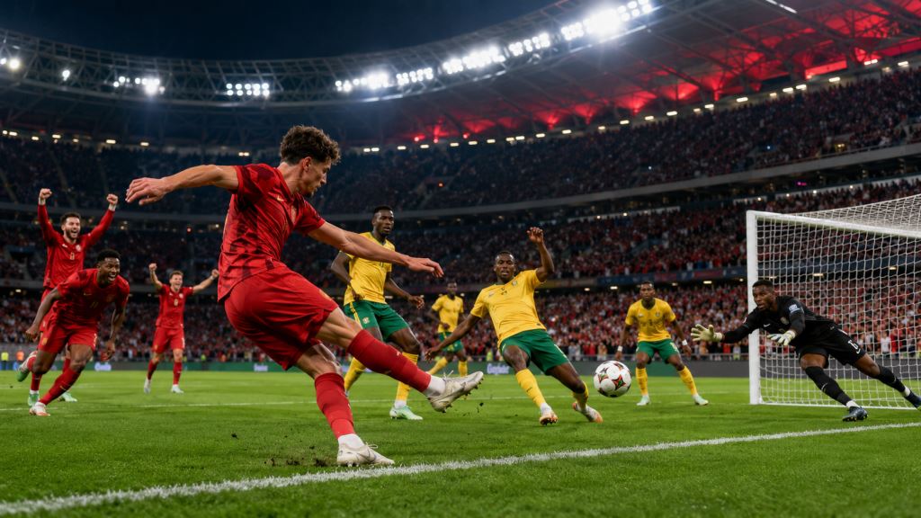 KI-Illustration: Kanada besiegt Südafrika durch spätes Eustáquio-Tor und zieht ins WM-Achtelfinale 2026 ein nach Krimi