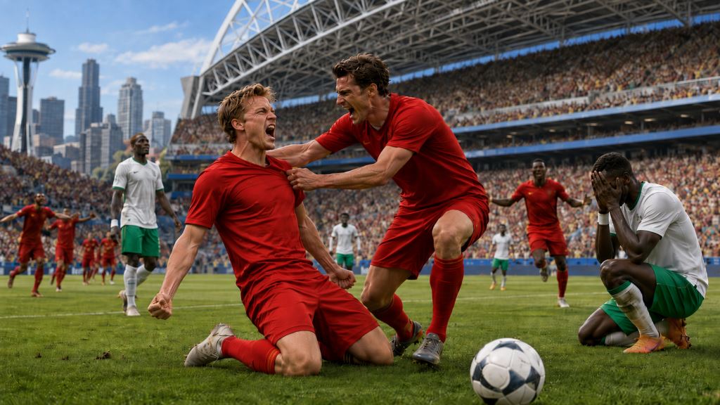 AI illustration: Belgium beat Senegal 3-2 after extra time in dramatic World Cup 2026 knockout clash in Seattle comeback