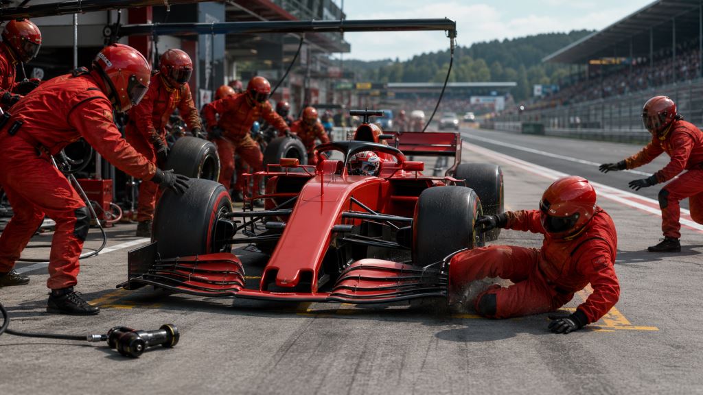 KI-Illustration: Ferrari nach unsicherer Hamilton-Freigabe und Zusammenstoß mit Mechaniker beim Belgien-GP von FIA bestraft
