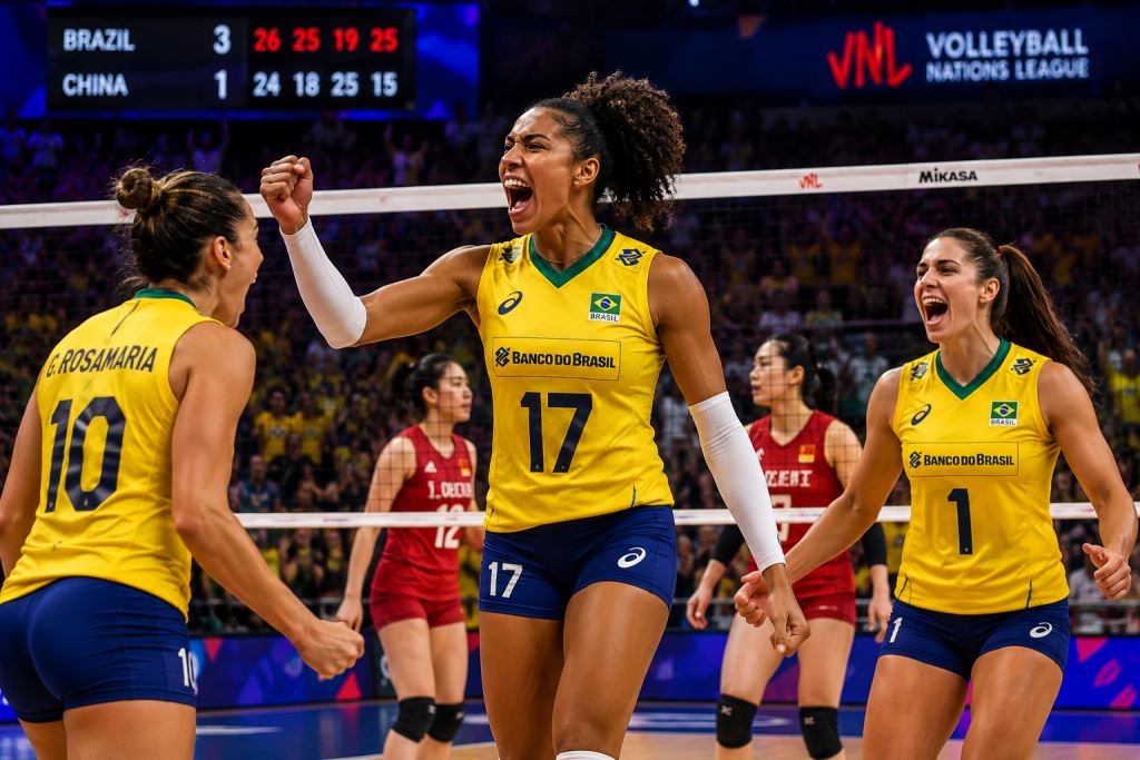 KI-Illustration: Brasilien besiegt China in Ankara 3:1, Luzias Blocks und Bergmann prägen perfekte Volleyball Nations League