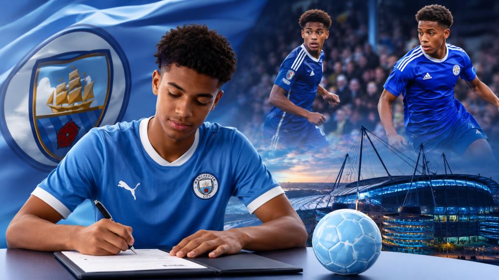 ilustracja AI: Manchester City pozyskuje Jeremy'ego Mongę z Leicester po rywalizacji z Arsenalem o młodego skrzydłowego