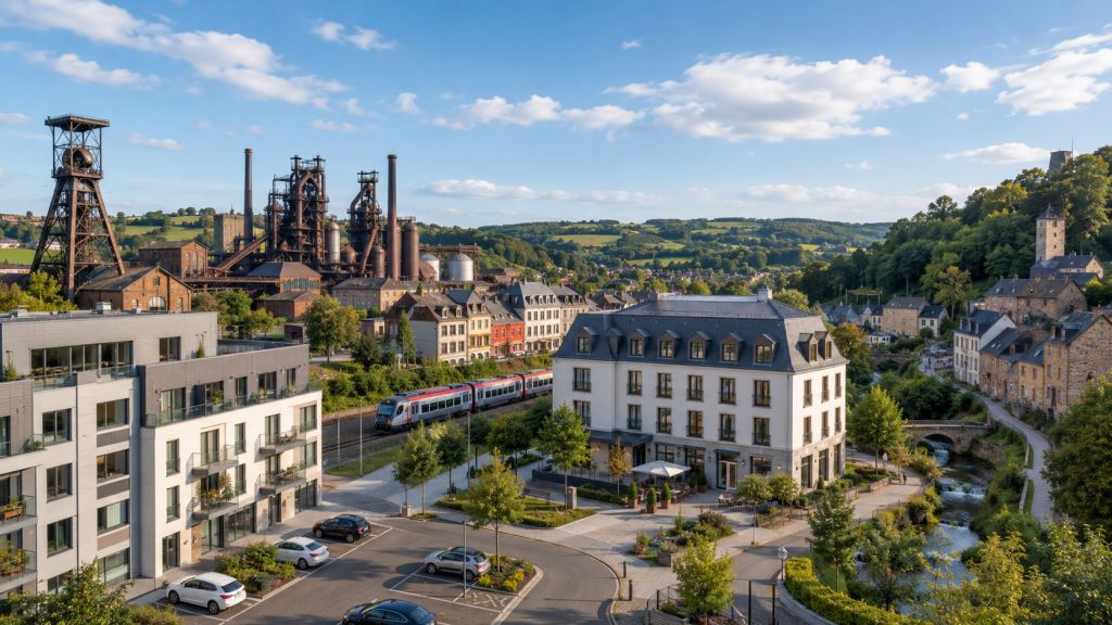 ilustración con IA: Differdange 2026: alojamiento, hoteles, apartamentos, aparcamiento, transporte, zonas y visitas por Minett