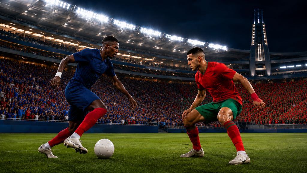 KI-Illustration: Frankreich gegen Marokko im WM-2026-Viertelfinale: Foxborough-Revanche mit Halbfinale und großem Druck