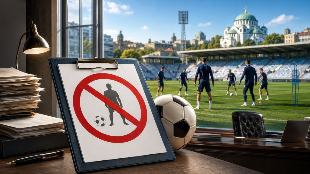 KI-Illustration: FIFA bestraft OFK Beograd: Transfersperre gefährdet die Kaderplanung über drei Wechselperioden hinweg