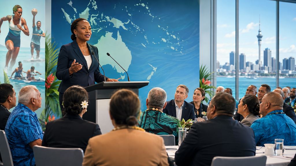 Kirsty Coventry en Auckland con comités olímpicos de Oceanía antes de Los Ángeles y Brisbane