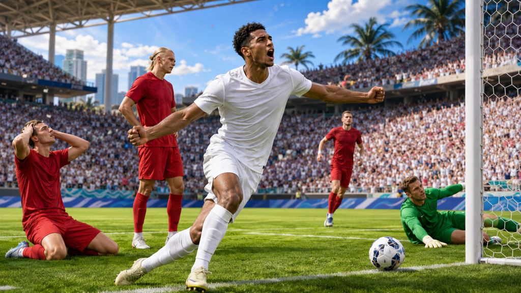 AI illustration: Bellingham's brace sends England into the World Cup semi-finals after a dramatic extra-time win over Norway