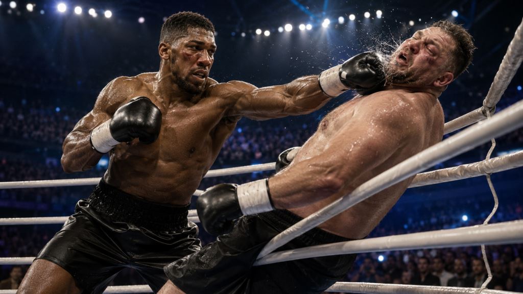 AI illustration: Anthony Joshua survives two knockdowns before knocking out Kristian Prenga in a dramatic Jeddah showdown