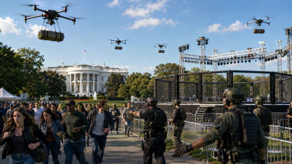 ilustración con IA: Cargos por presunto plan de ataque con drones contra UFC Freedom 250 junto a la Casa Blanca e investigación del FBI
