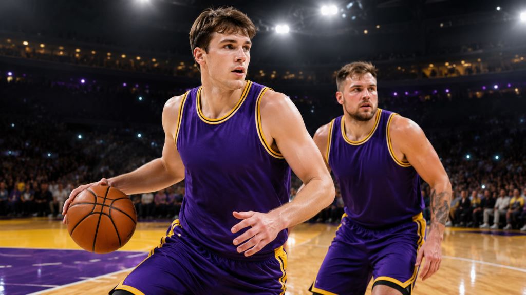 KI-Illustration: Austin Reaves vor 185-Millionen-Dollar-Vertrag bei den Lakers als Kernspieler neben Luka Doncic