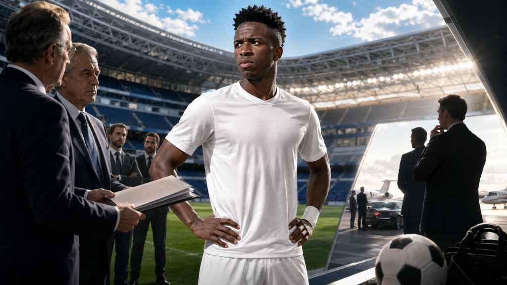 KI-Illustration: Real Madrid vor entscheidender Vinícius-Wahl: neuer Vertrag, letztes Angebot oder großer Sommertransfer