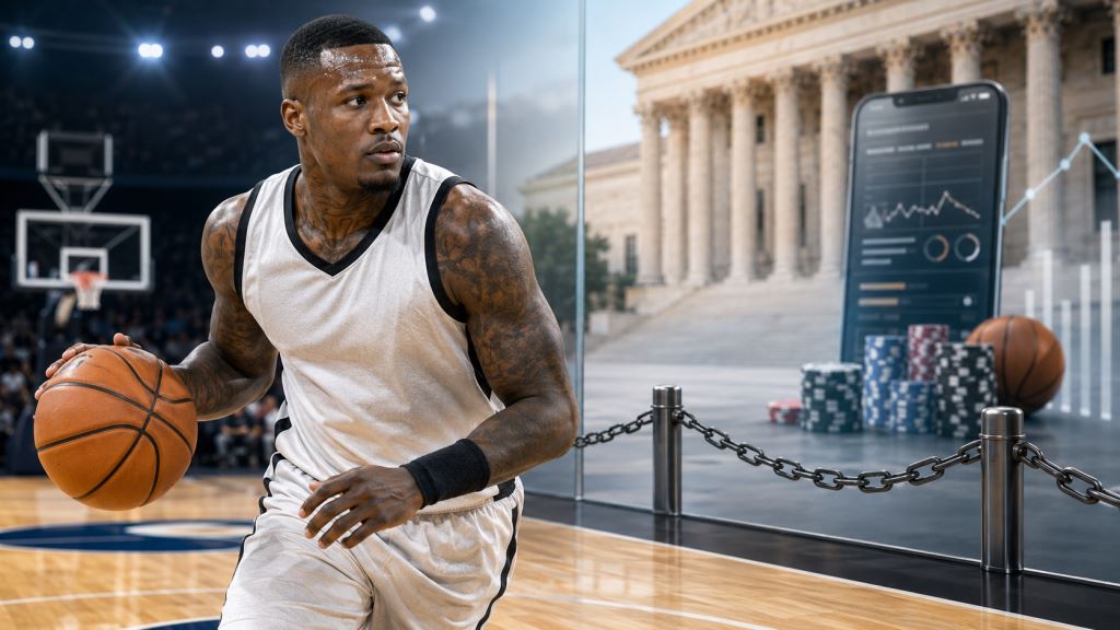 AI illustration: Terry Rozier's NBA comeback caught between court limits, legal risk and a sports betting investigation