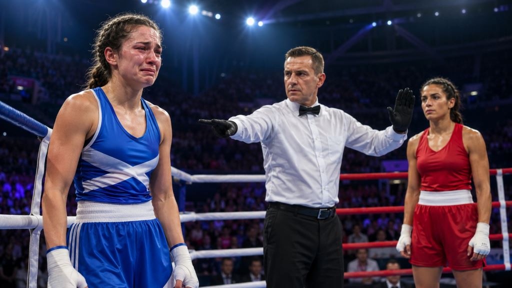KI-Illustration: Brooke Neely kritisiert unter Tränen den Ringrichter nach umstrittenem Aus bei den Commonwealth Games